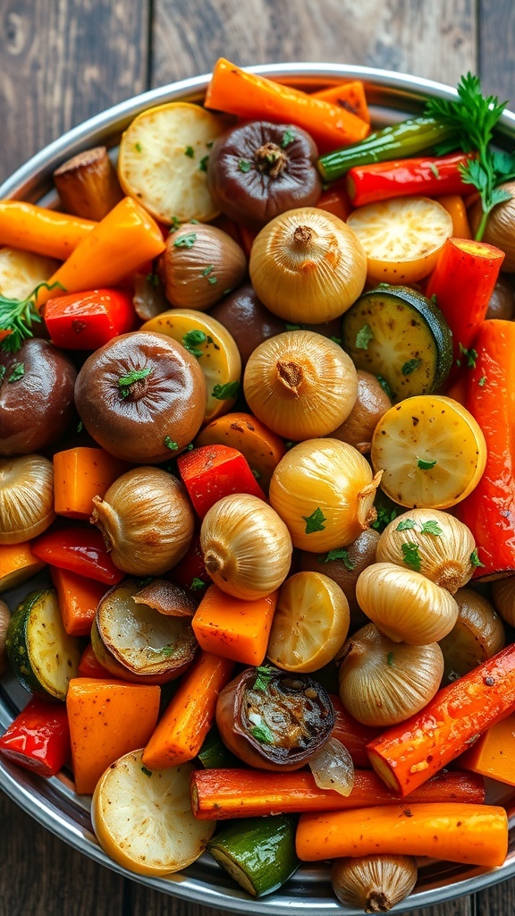 A colorful array of roasted vegetables including onions, garlic, bell peppers, and zucchini on a wooden platter.